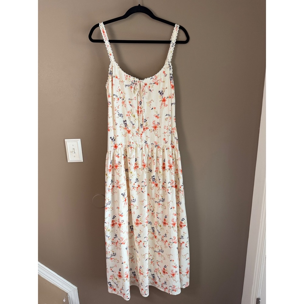 Caroline Constas Floral Linen Blend Midi Dress Pearl Tassels Cream Coral M